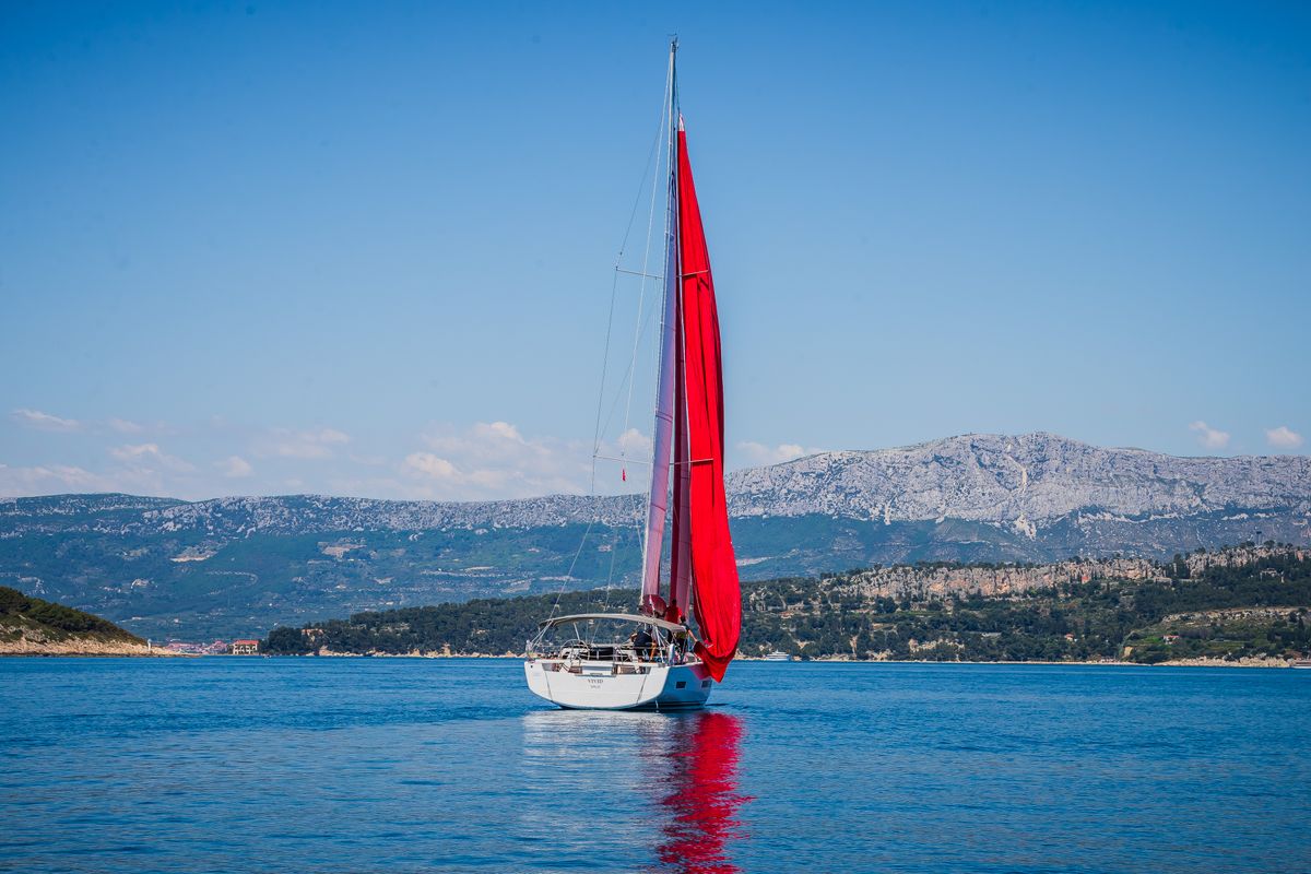 Exterior view of Vivid, a Hanse Yachts Hanse 510 sailboat at Grad Kaštela, Croatia