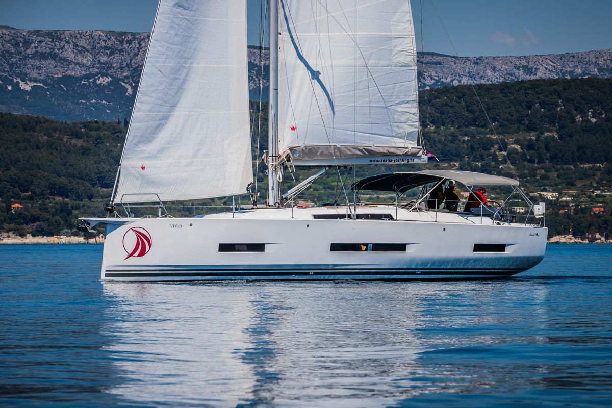 Exterior view of Vivid, a Hanse Yachts Hanse 510 sailboat at Grad Kaštela, Croatia