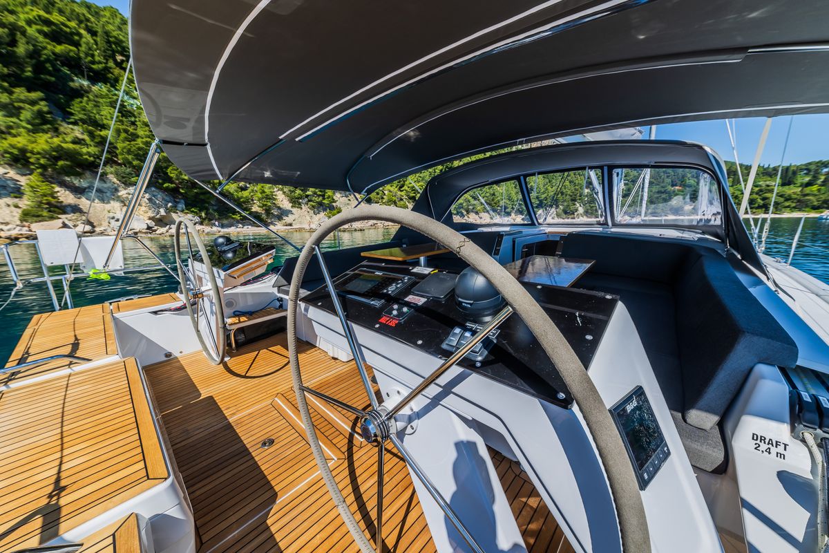 Cockpit of Vivid, a Hanse Yachts Hanse 510 sailboat at Grad Kaštela, Croatia
