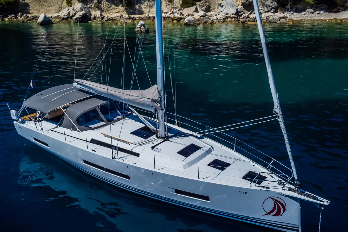 Exterior view of Vivid, a Hanse Yachts Hanse 510 sailboat at Grad Kaštela, Croatia