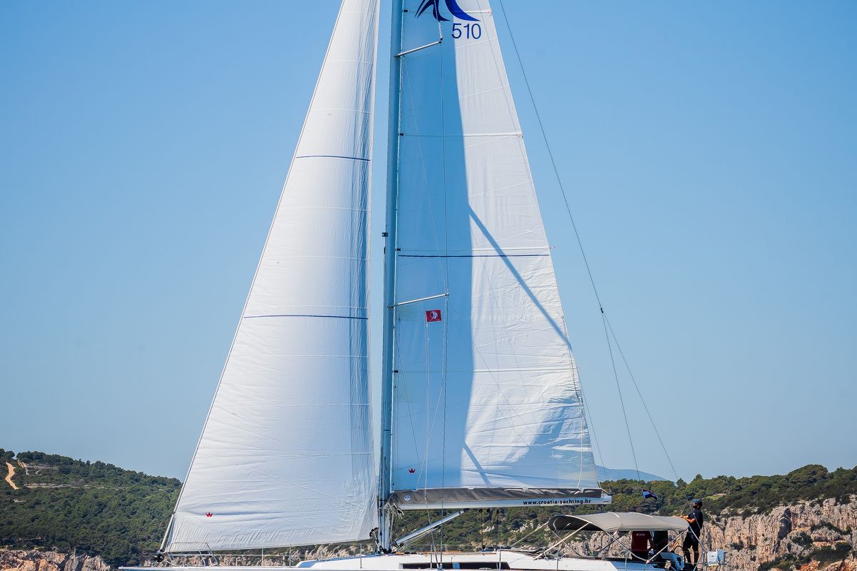 Exterior view of Vivid, a Hanse Yachts Hanse 510 sailboat at Grad Kaštela, Croatia