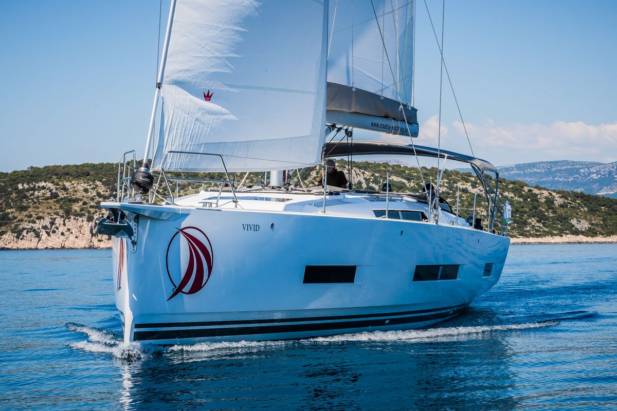 Exterior view of Vivid, a Hanse Yachts Hanse 510 sailboat at Grad Kaštela, Croatia