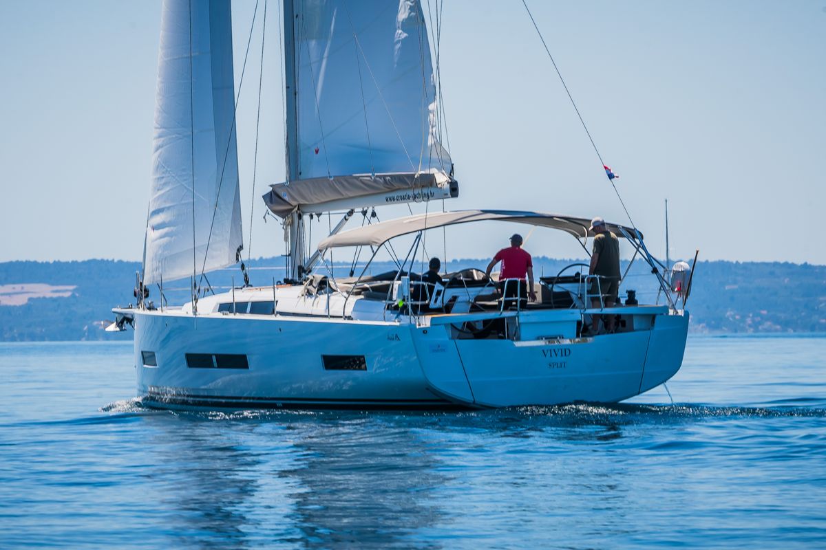 Exterior view of Vivid, a Hanse Yachts Hanse 510 sailboat at Grad Kaštela, Croatia