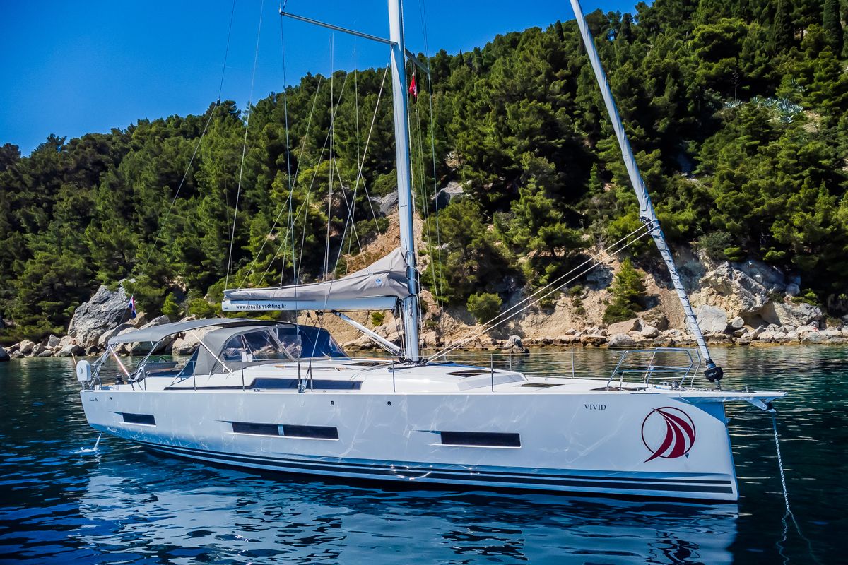 Exterior view of Vivid, a Hanse Yachts Hanse 510 sailboat at Grad Kaštela, Croatia