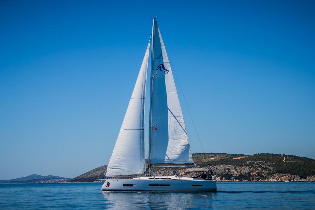 Exterior view of Vivid, a Hanse Yachts Hanse 510 sailboat at Grad Kaštela, Croatia