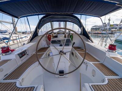 Cockpit of Aeolian Too, a Beneteau Oceanis 393 sailboat at Kavala, Greece
