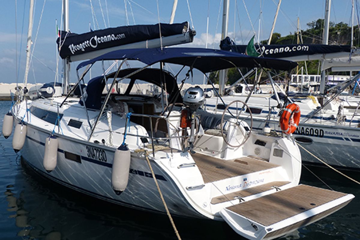 Exterior view of Xenia, a Bavaria Cruiser 41 sailboat at Procida, Italy