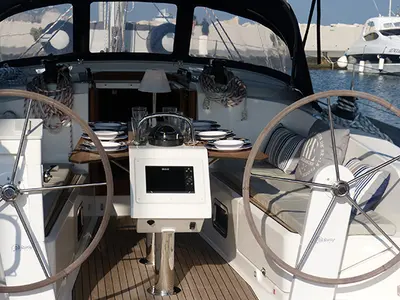 Cockpit of Xenia, a Bavaria Cruiser 41 sailboat at Procida, Italy