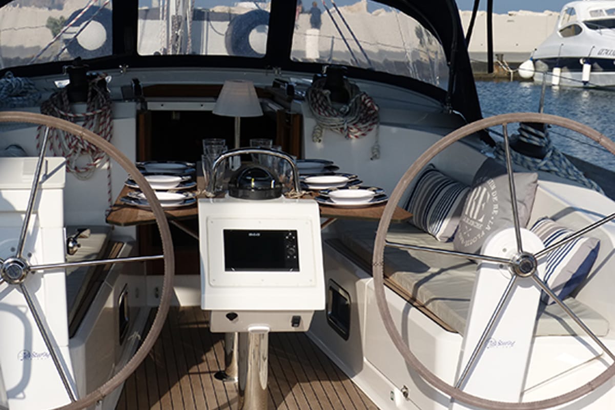 Cockpit of Xenia, a Bavaria Cruiser 41 sailboat at Procida, Italy