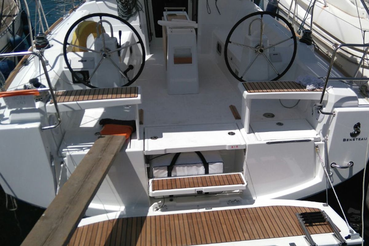Cockpit of Folie, a Beneteau Oceanis 38 sailboat at Procida, Italy