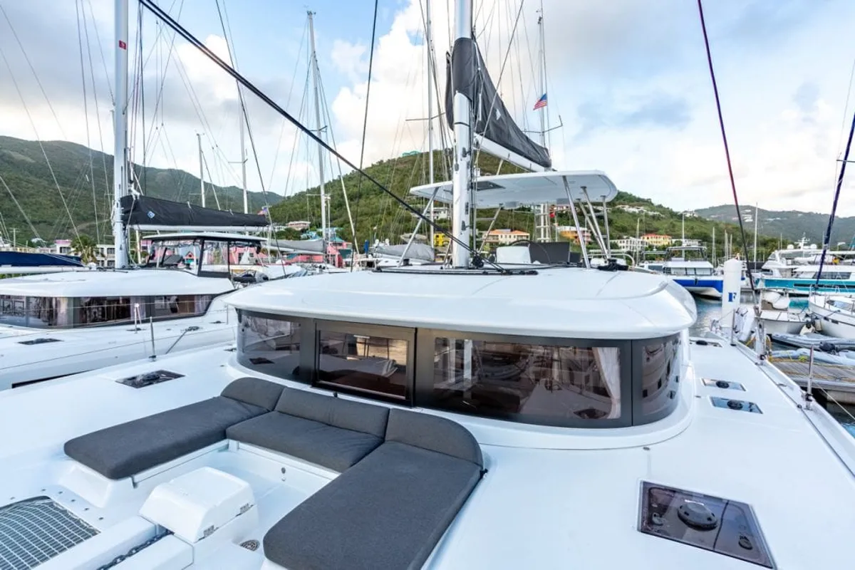 Deck of Kosmo, a Lagoon 46 catamaran at Anzio, Italy