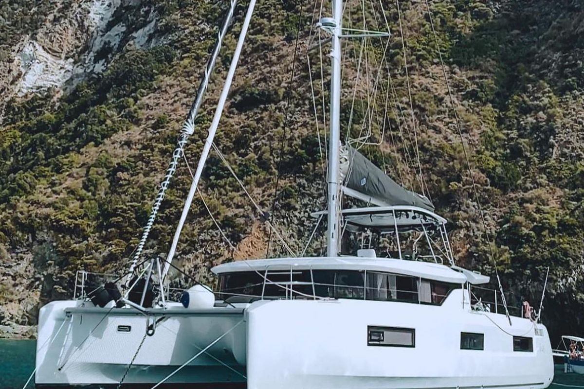 Exterior view of Kosmo, a Lagoon 46 catamaran at Anzio, Italy