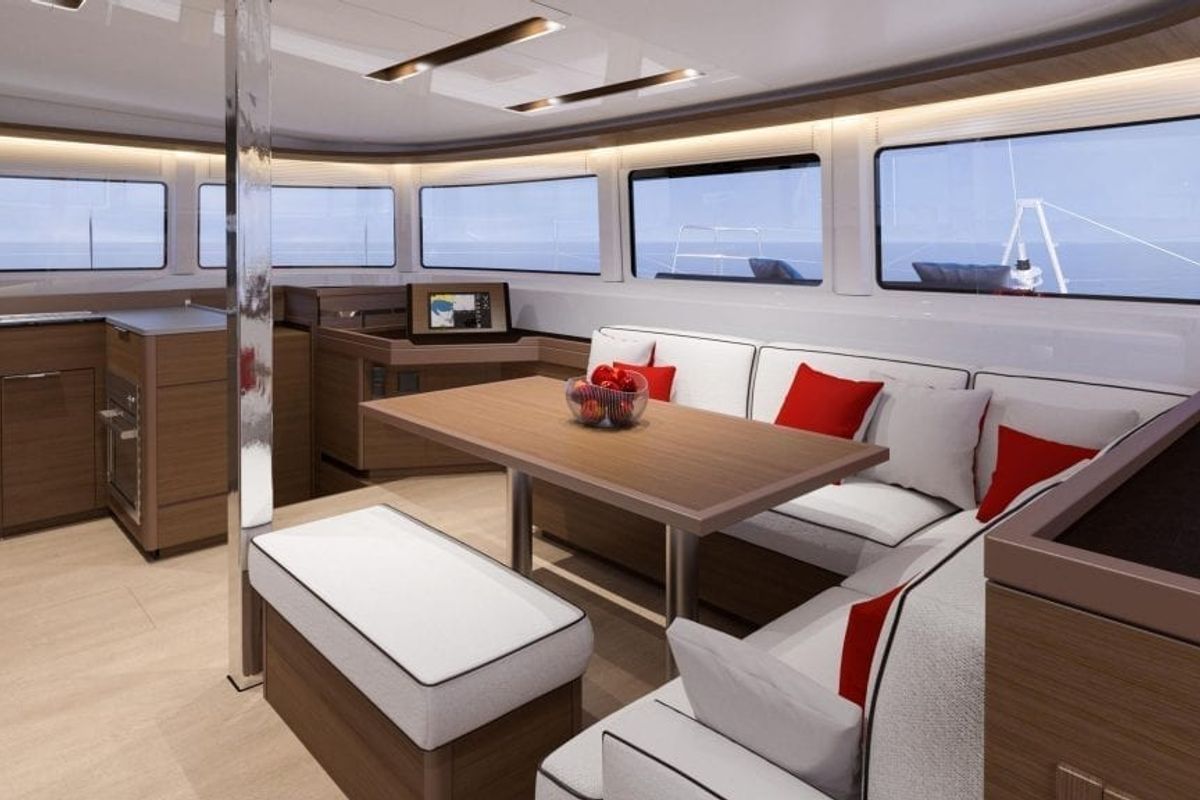 Salon of Kosmo, a Lagoon 46 catamaran at Anzio, Italy