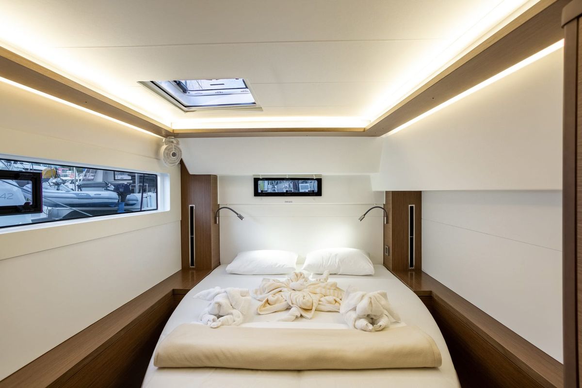 Cabin on Kosmo, a Lagoon 46 catamaran at Anzio, Italy