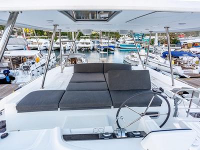 Cockpit of Kosmo, a Lagoon 46 catamaran at Anzio, Italy