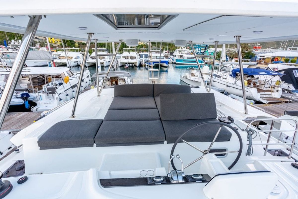 Cockpit of Kosmo, a Lagoon 46 catamaran at Anzio, Italy