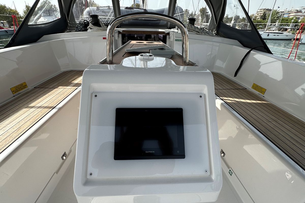Cockpit of Melina, a Bavaria C38 sailboat at Athens, Greece