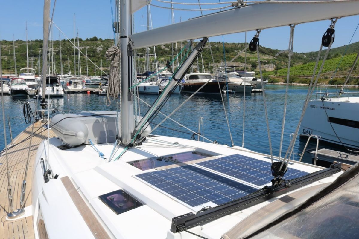 Deck of Nomia, a Jeanneau Sun Odyssey 469 sailboat at San Miguel de Abona, Spain