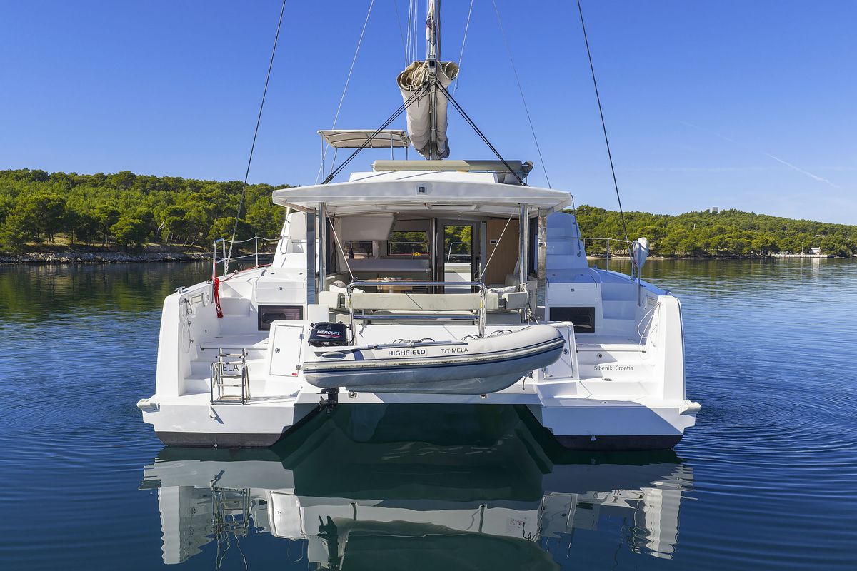 Exterior view of Mela, a Bali 4.4 catamaran at Grad Šibenik, Croatia