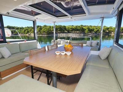 Salon of Mela, a Bali 4.4 catamaran at Grad Šibenik, Croatia