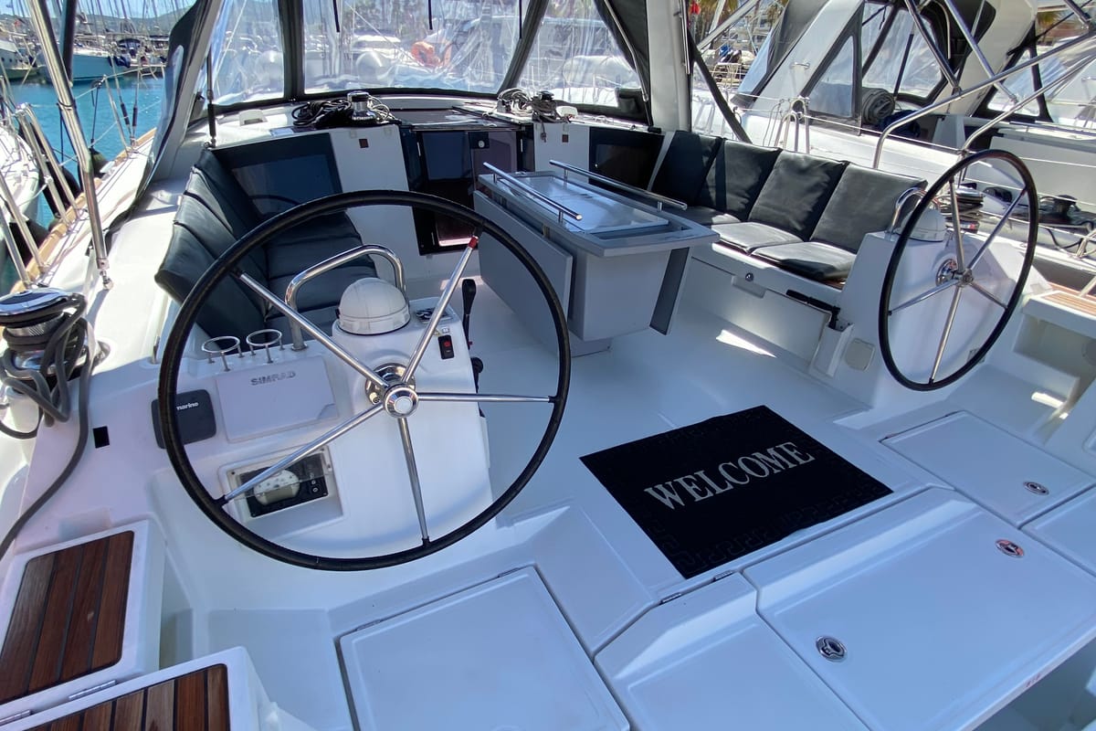 Cockpit of Callidora, a Beneteau Oceanis 45 sailboat at Municipal Unit of Rhodes, Greece