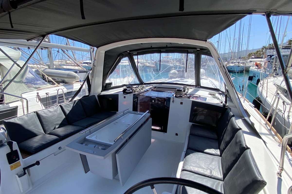 Cockpit of Callidora, a Beneteau Oceanis 45 sailboat at Municipal Unit of Rhodes, Greece
