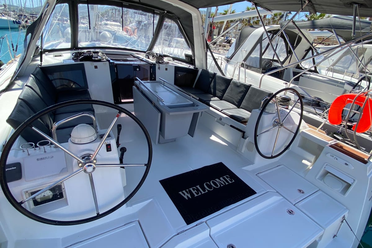 Cockpit of Callidora, a Beneteau Oceanis 45 sailboat at Municipal Unit of Rhodes, Greece