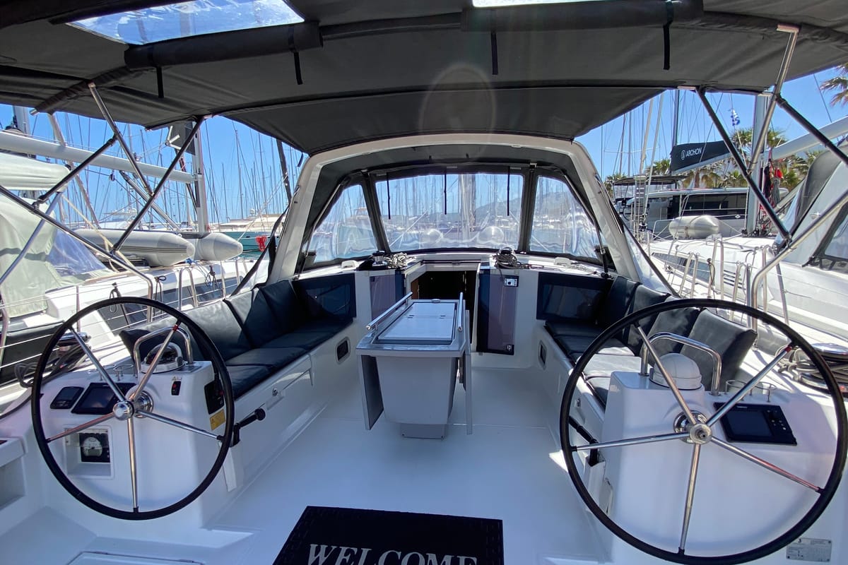 Cockpit of Callidora, a Beneteau Oceanis 45 sailboat at Municipal Unit of Rhodes, Greece