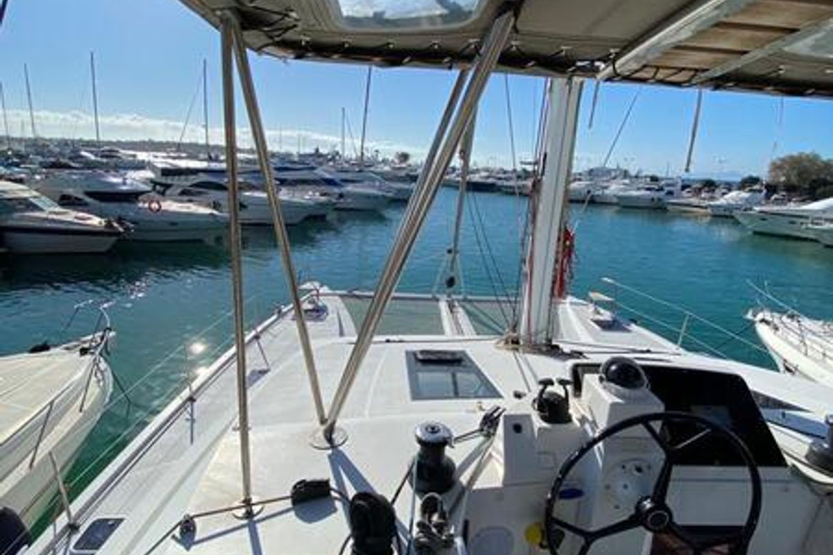 Cockpit of Sithonia, a Nautitech 46 Fly catamaran at Athens, Greece