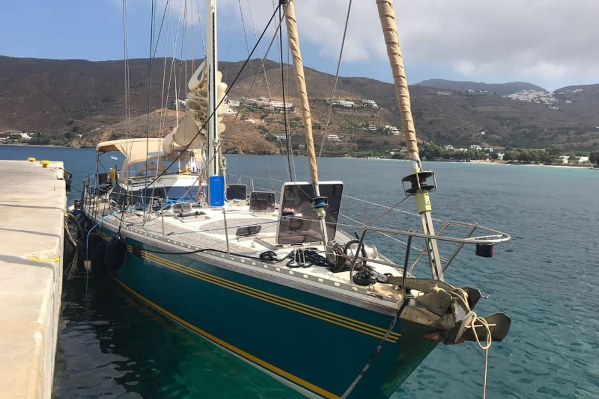 Osyan, a Dufour Dynamique 62 sailboat at Parikia, Greece