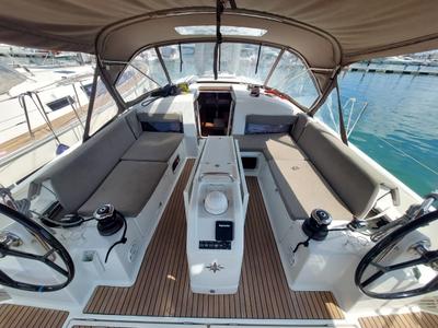 Cockpit of Apollonas, a Jeanneau Sun Odyssey 440 sailboat at Gouvia, Greece
