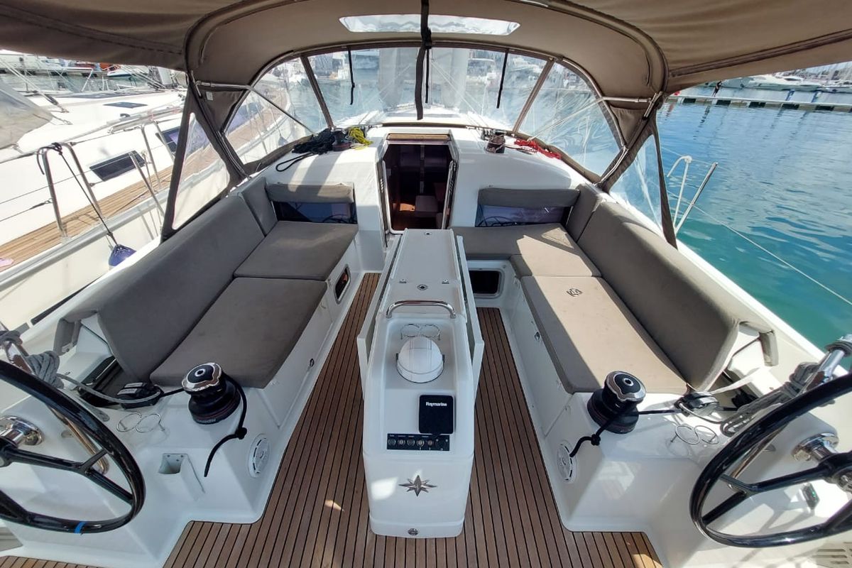 Cockpit of Apollonas, a Jeanneau Sun Odyssey 440 sailboat at Gouvia, Greece