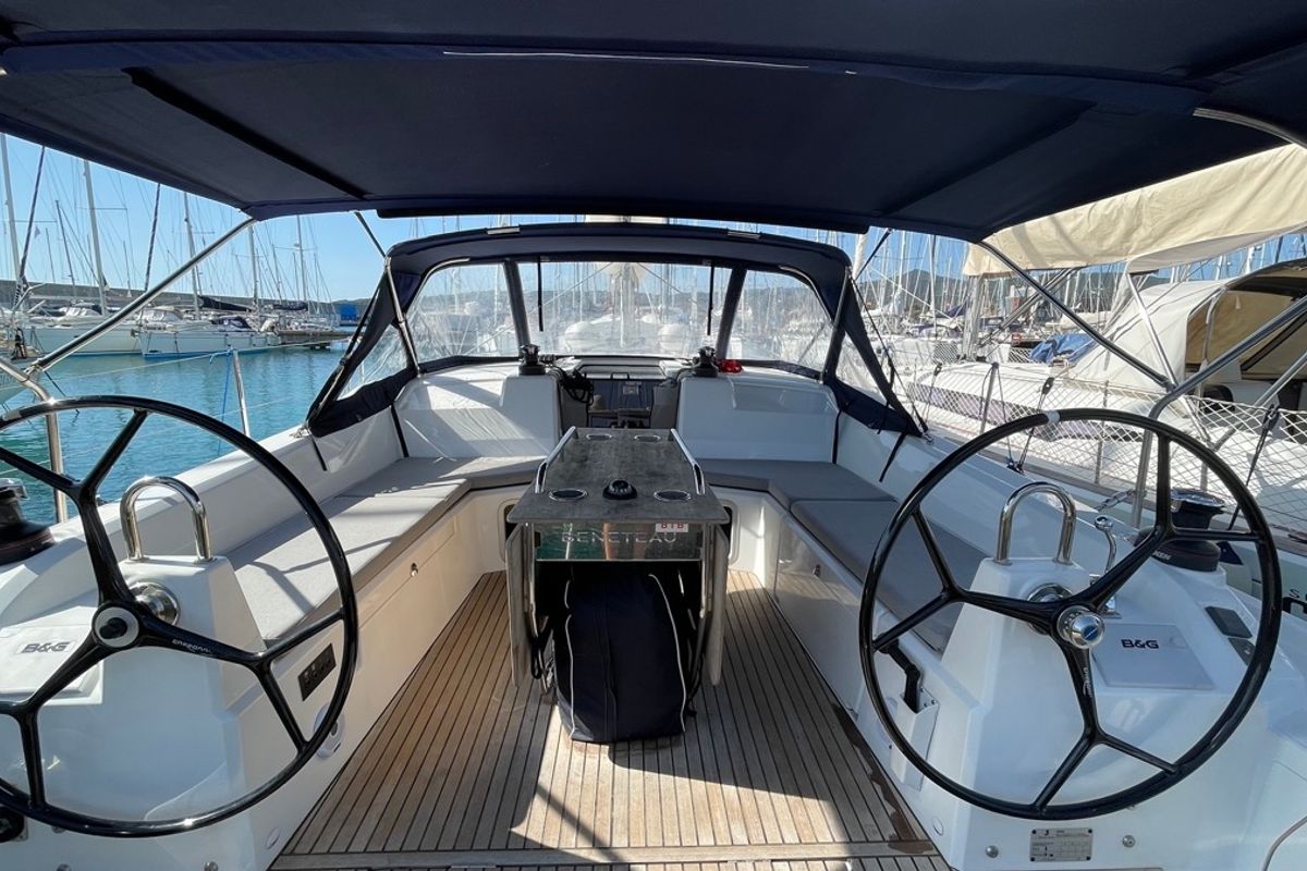 Cockpit of Vela, a Beneteau Oceanis 40.1 sailboat at Rosignano Solvay, Italy