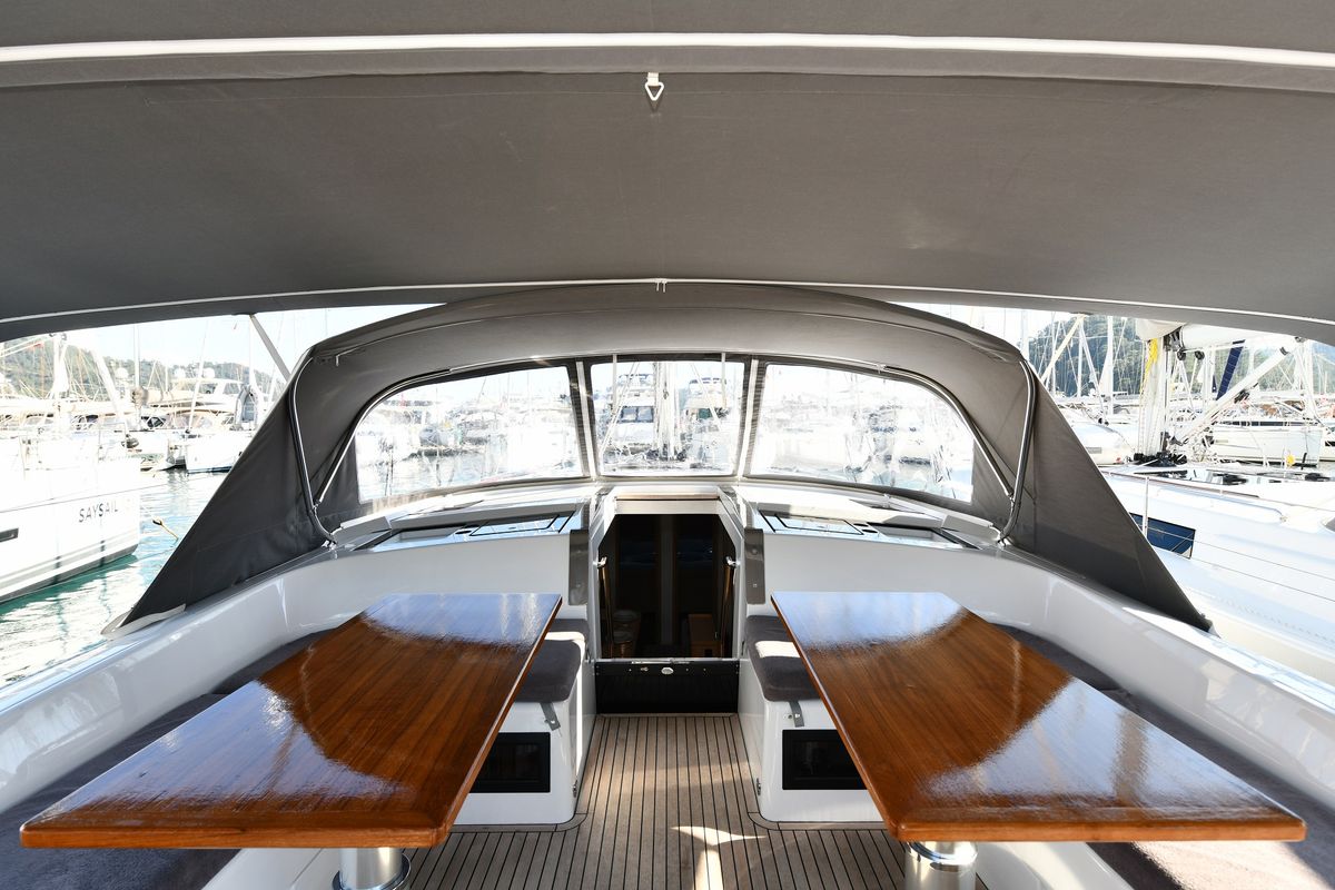 Cockpit of Yassica, a Hanse Yachts Hanse 460 sailboat at Fethiye, Turkey