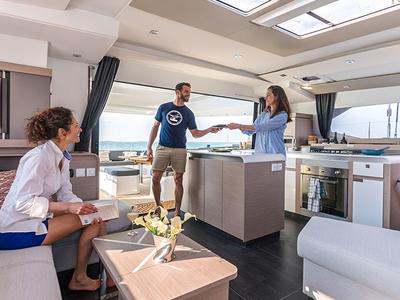 Deck of Ocean Eye, a Fountaine Pajot Aura 51 catamaran at Grad Trogir, Croatia