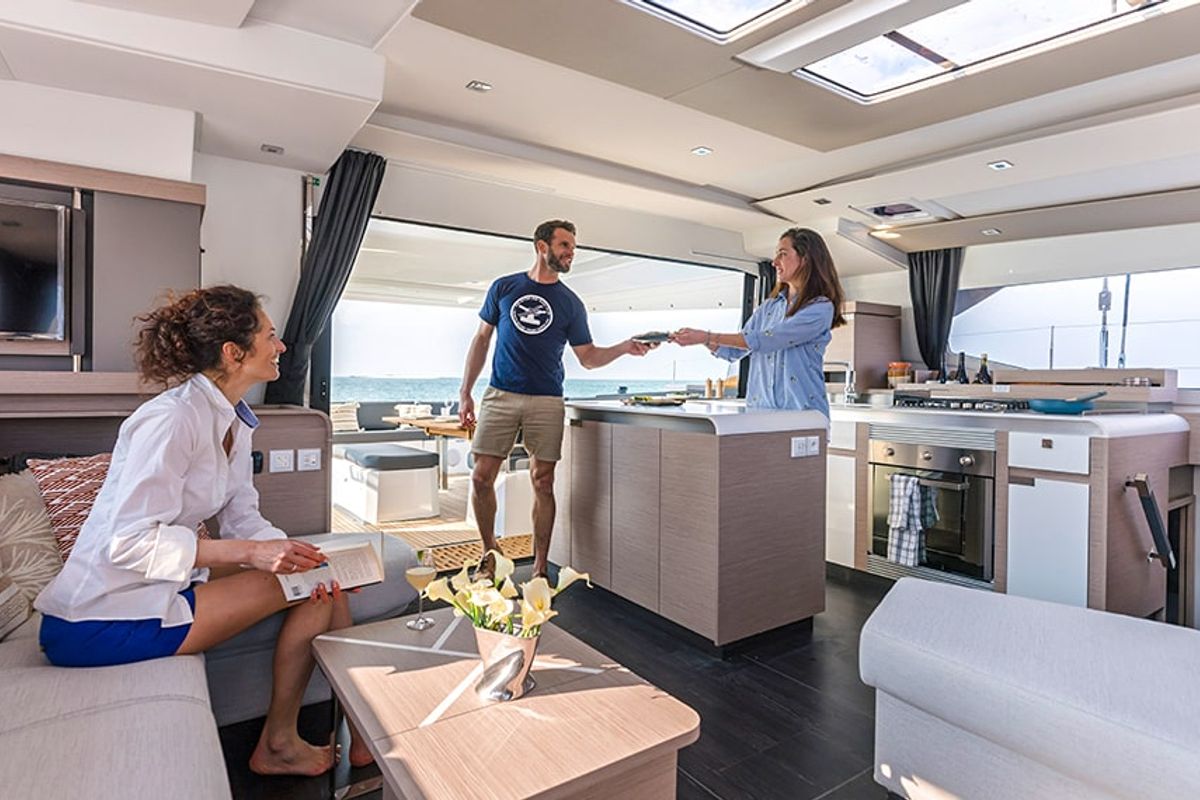 Deck of Ocean Eye, a Fountaine Pajot Aura 51 catamaran at Grad Trogir, Croatia