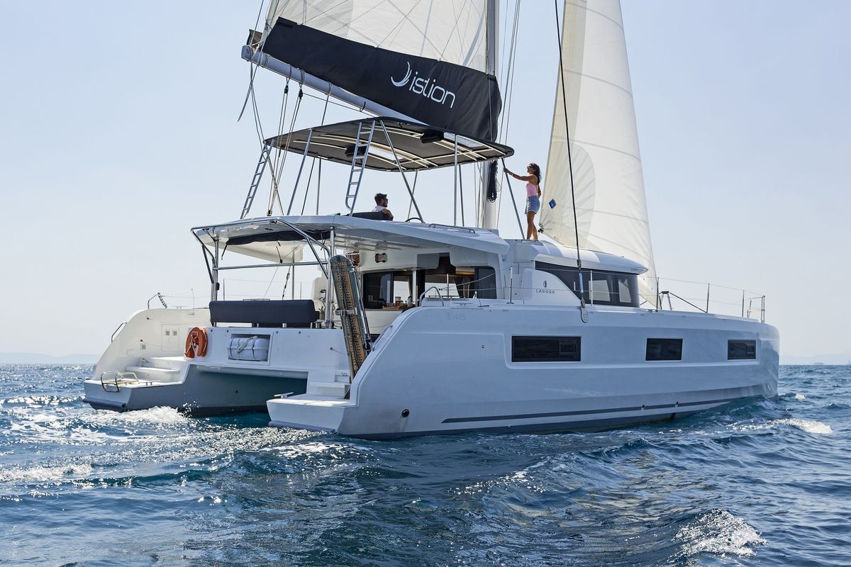 Exterior view of No Worries, a Lagoon 46 catamaran at Municipal Unit of Rhodes, Greece