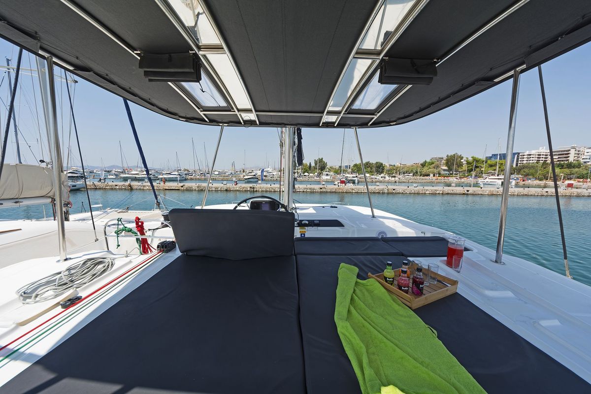 Cockpit of No Worries, a Lagoon 46 catamaran at Municipal Unit of Rhodes, Greece