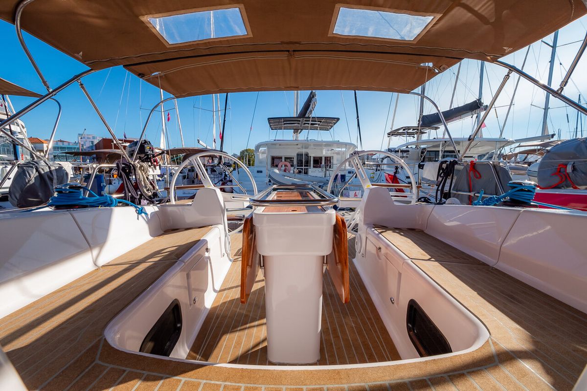 Cockpit of Adelyna, a Elan Impression 45 sailboat at Grad Biograd na Moru, Croatia