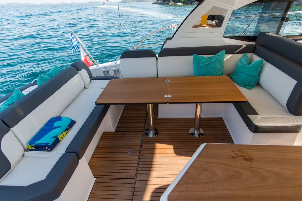Deck of Sandy I, a Bavaria SR41 yacht at Kontokali, Greece