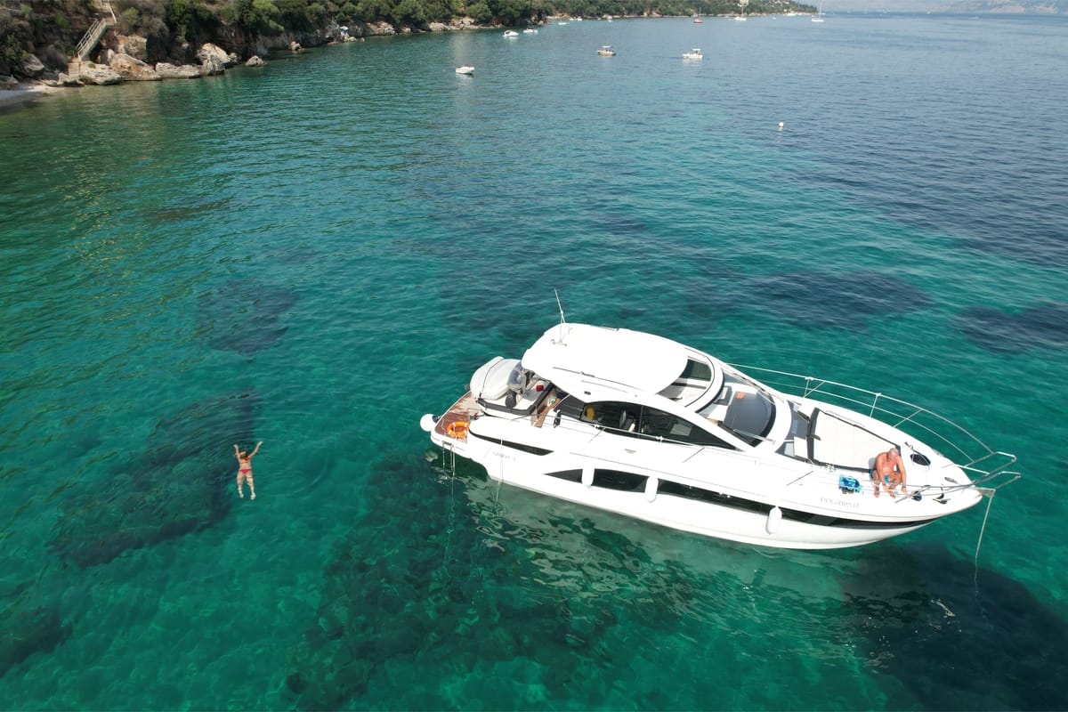 Exterior view of Sandy I, a Bavaria SR41 yacht at Kontokali, Greece