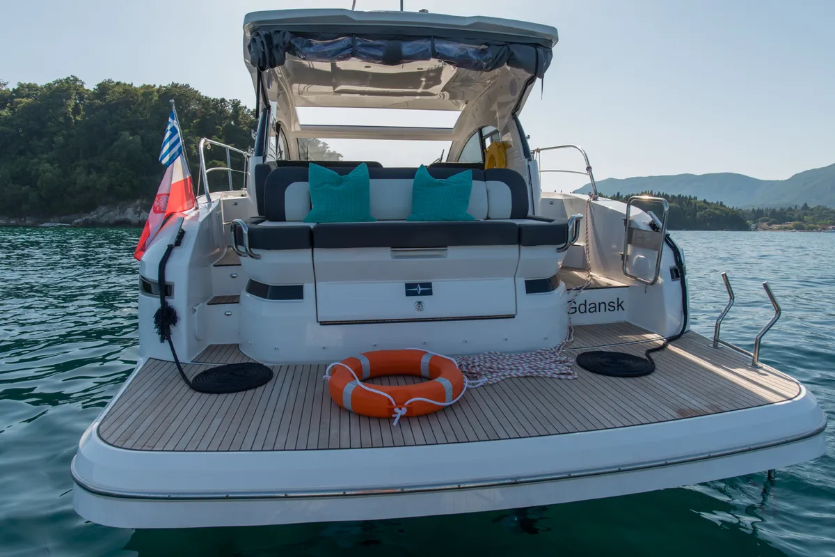 Exterior view of Sandy I, a Bavaria SR41 yacht at Kontokali, Greece
