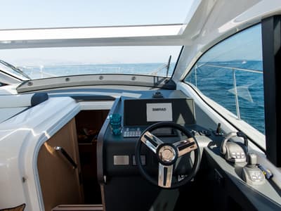 Cockpit of Sandy I, a Bavaria SR41 yacht at Kontokali, Greece
