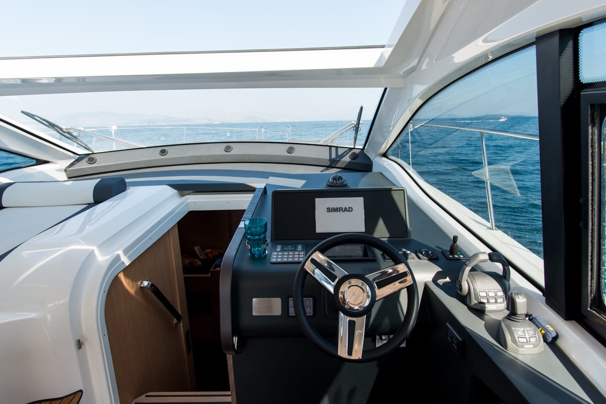 Cockpit of Sandy I, a Bavaria SR41 yacht at Kontokali, Greece