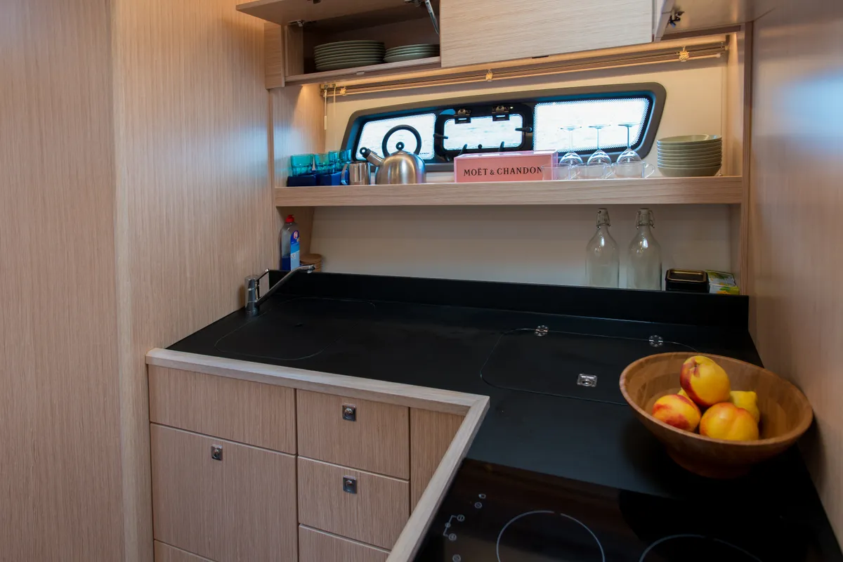 Galley of Sandy I, a Bavaria SR41 yacht at Kontokali, Greece