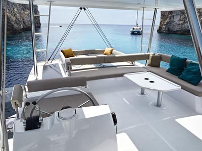 Cockpit of Comfort, a Bali 4.8 catamaran at Lavreotiki Municipal Unit, Greece
