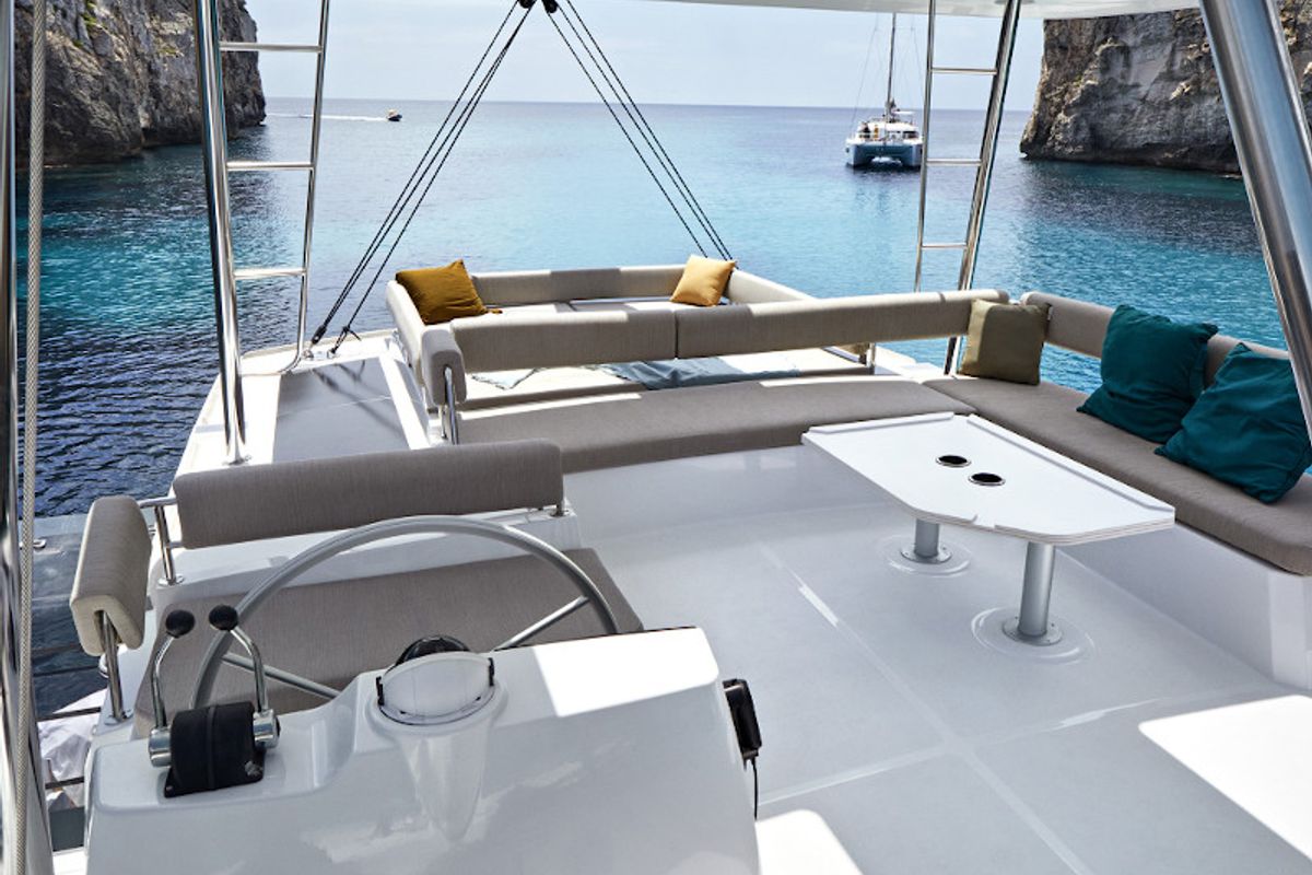 Cockpit of Comfort, a Bali 4.8 catamaran at Lavreotiki Municipal Unit, Greece