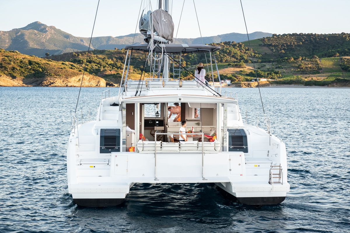 Exterior view of Comfort, a Bali 4.8 catamaran at Lavreotiki Municipal Unit, Greece