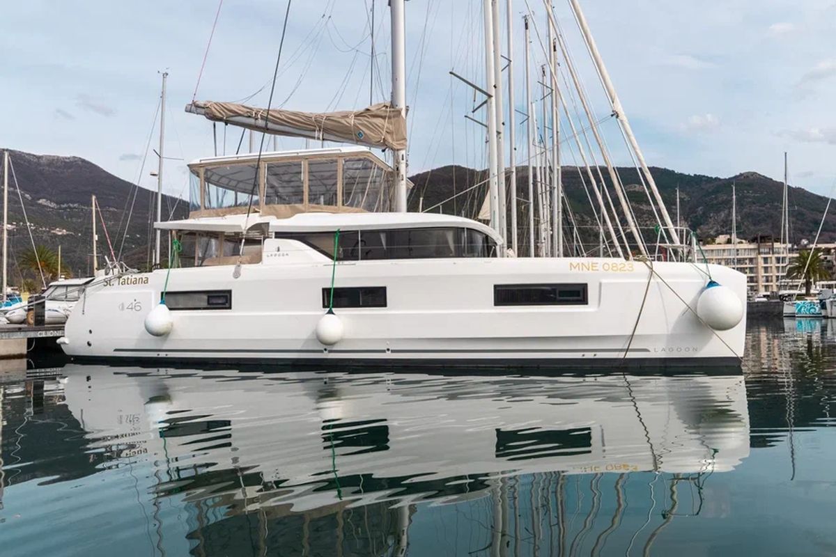Exterior view of St. Tatiana, a Lagoon 46 catamaran at Tivat, Montenegro