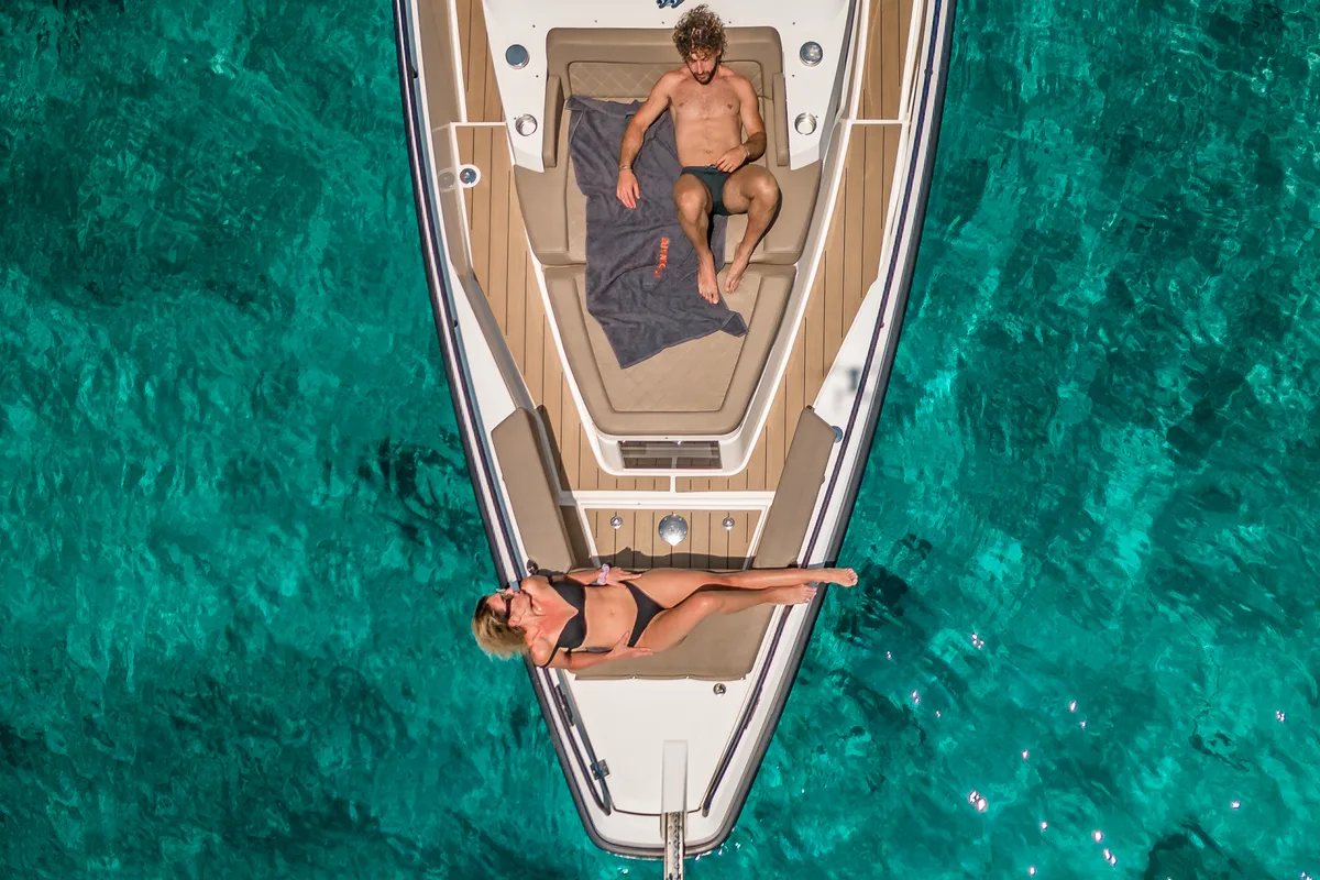 Exterior view of Premium, a Axopar 37  Sun Top motorboat at Chania, Greece